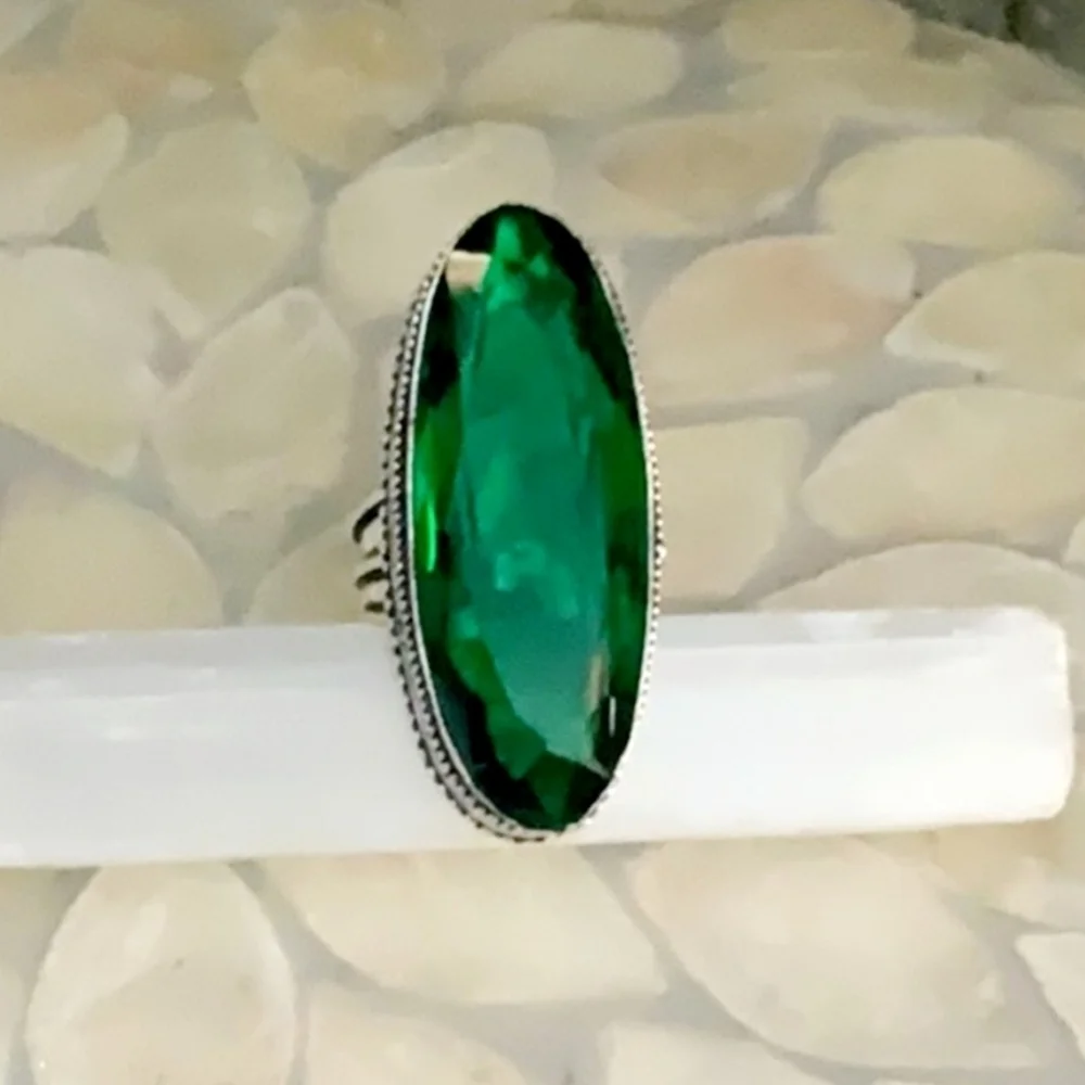 Large Handcrafted Oval Emerald Sterling Silver Ring Sz 8
